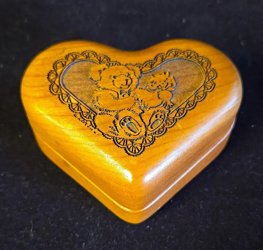 Vintage Wooden Heart Trinket Box Laser Etched Teddy Bear Jewelry Keepsake Case
